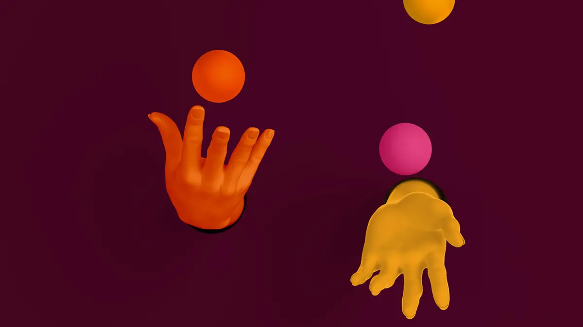 hands juggling different ux designer skills on a red background